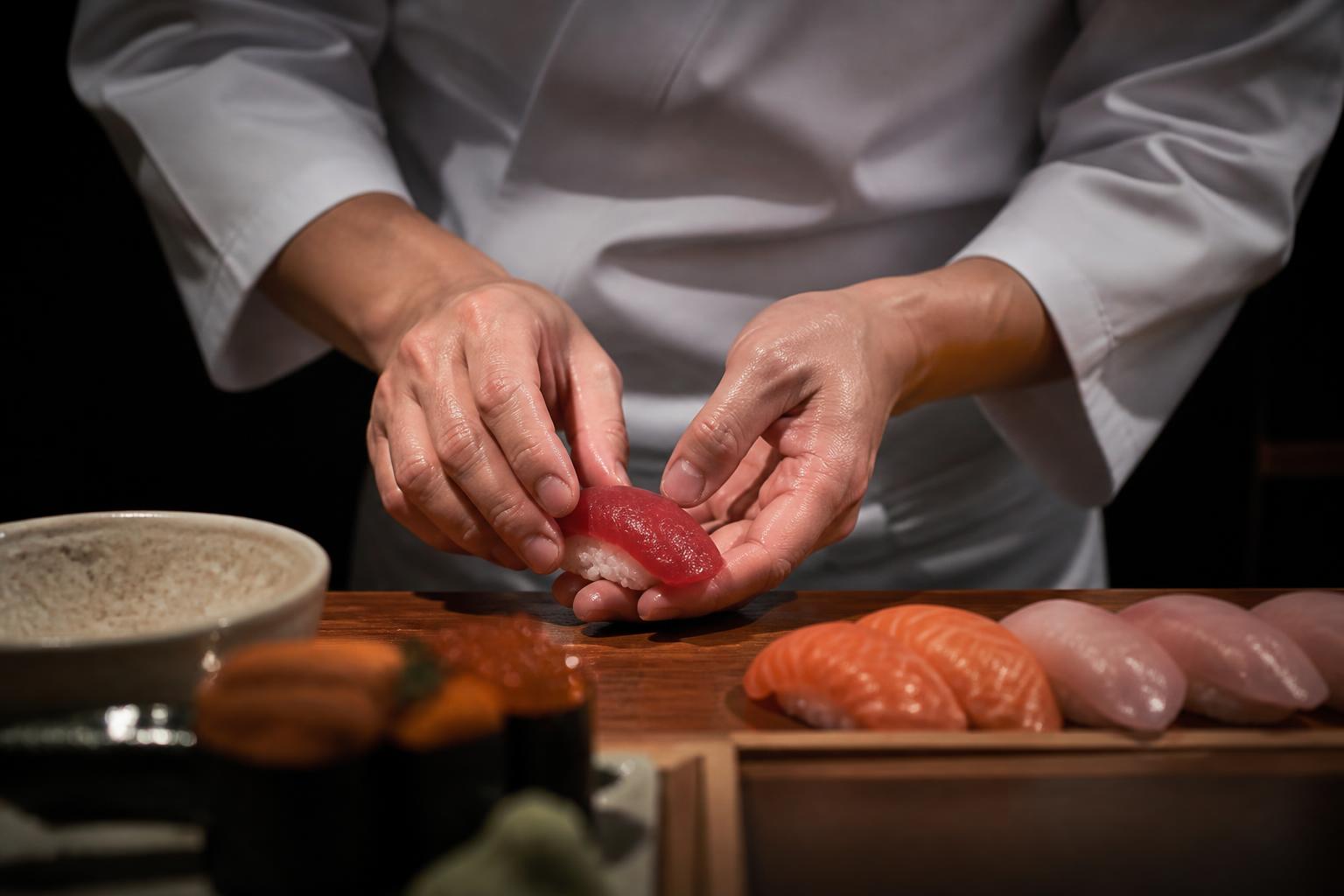 Ujvara sushi chef in white uniform shaping nigiri by hand at the counter